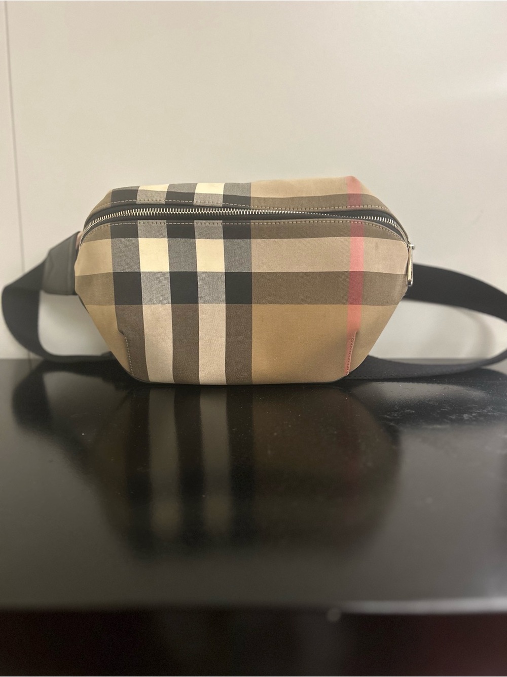Burberry Classic Check Belt Bag in Beige, Black & Red Stripe